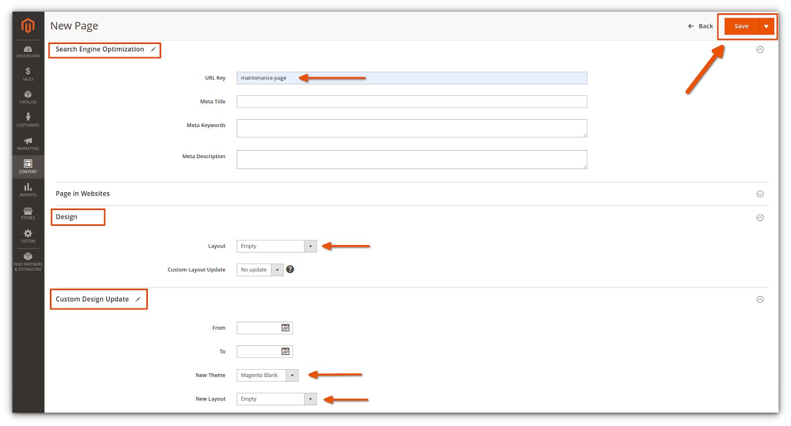 Under New Page, go to Search Engine Optimization. Next, enter a URL Key for your new page. It should only contain lowercase letters and hyphens (which you use instead of spaces). We’ve used the "maintenance-page" as our URL Key. Under New Page, click Design. For Layout, choose Empty. This step removes all default content. Click Custom design update under New Page. For New Theme, select Magento Blank. For New Layout, choose Empty. Next, save your changes.