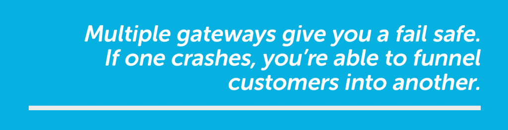 A banner that says "Multiple gateways give you a fail safe. If one crashes, you're able to funnel customers into another."