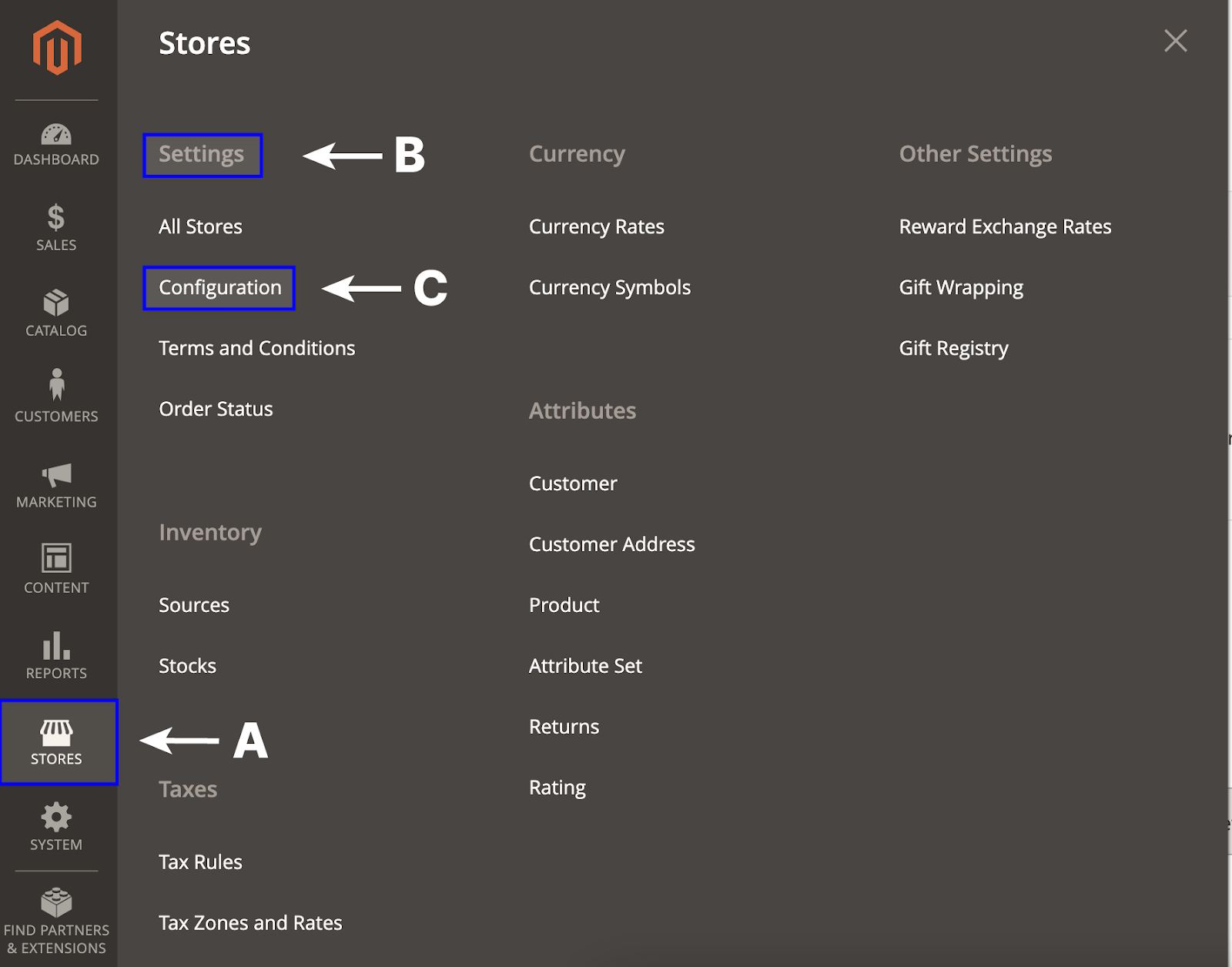 Abed Commerce Store navigation options for Settings, linking to the configuration area