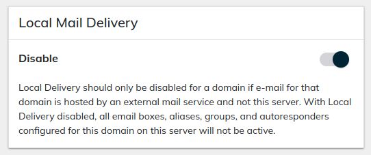 The domain's local mail delivery feature has been enabled.