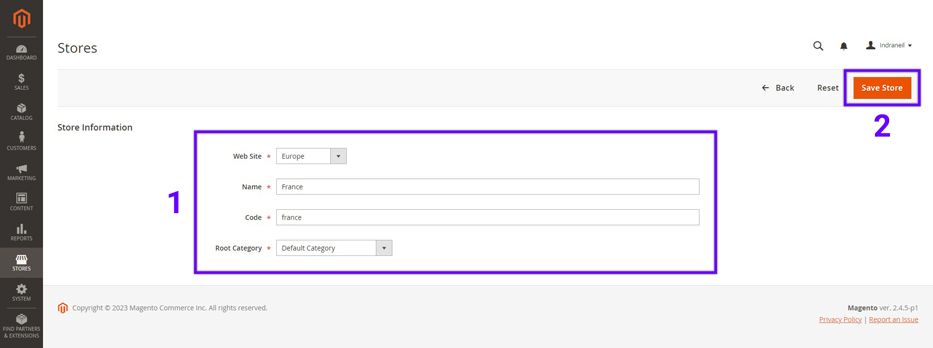 Screenshot of the Magento admin showing the steps to create a store for Magento 2 multi-store as explained on this page.