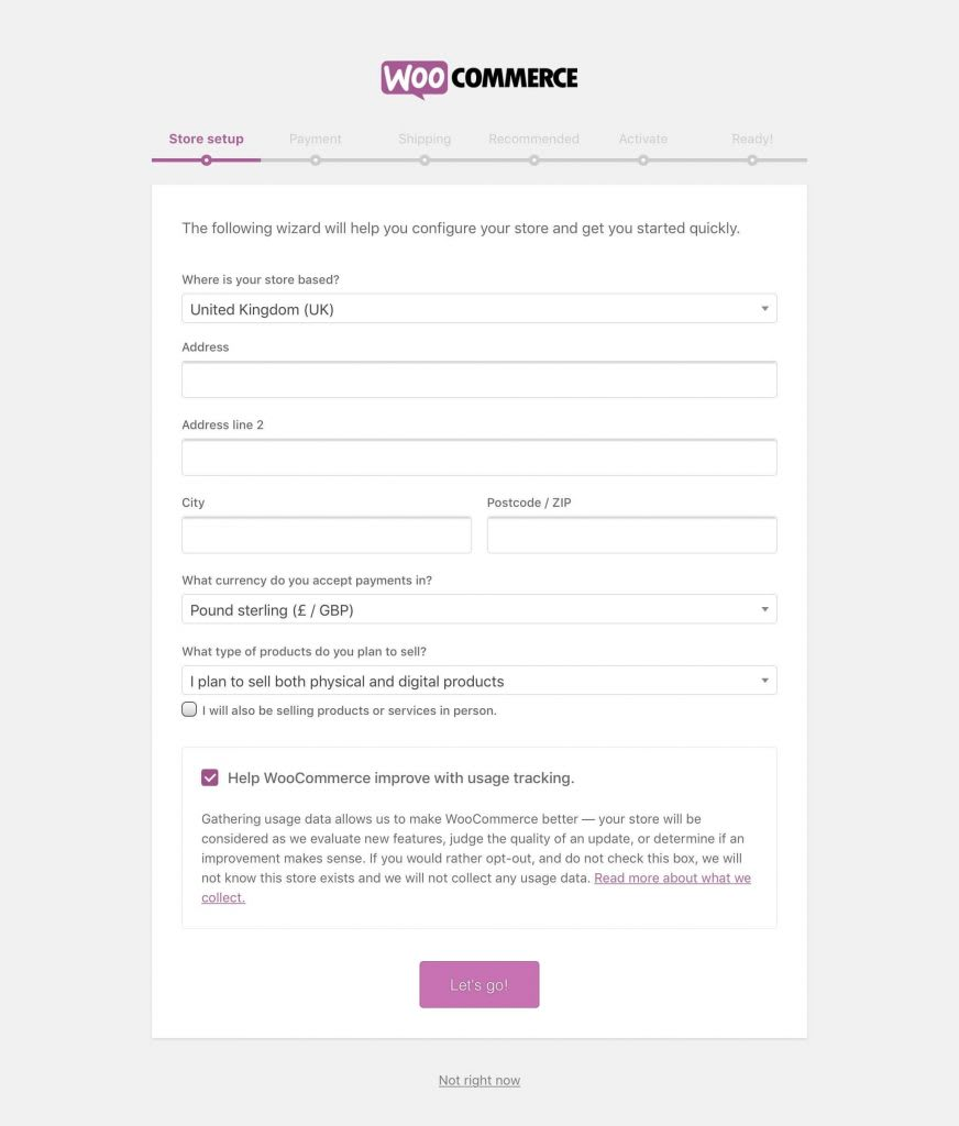 Using WordPress with WooCommerce is easy with the WooCommerce wizard for set up