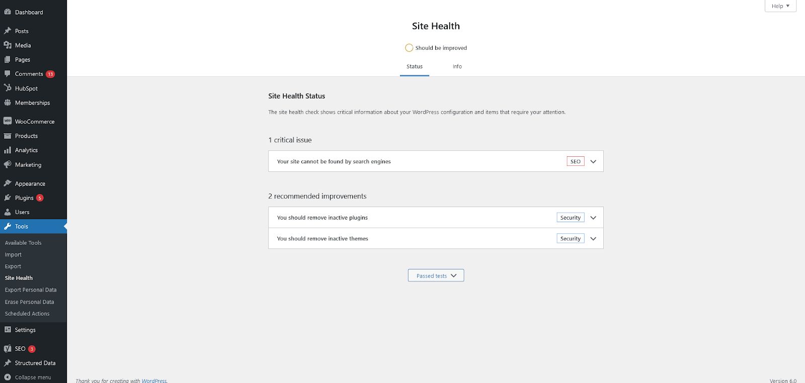 Site Health Page.