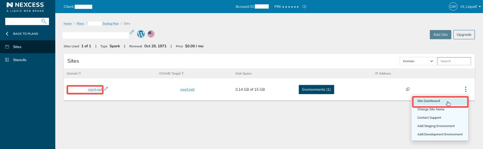 Choose the website for which you need to view the admin panel URL from your hosting plan's Sites menu. Then, click on the chosen domain name from the list or click on three dots on the right and select the Site Dashboard option to log in to the website’s management dashboard.