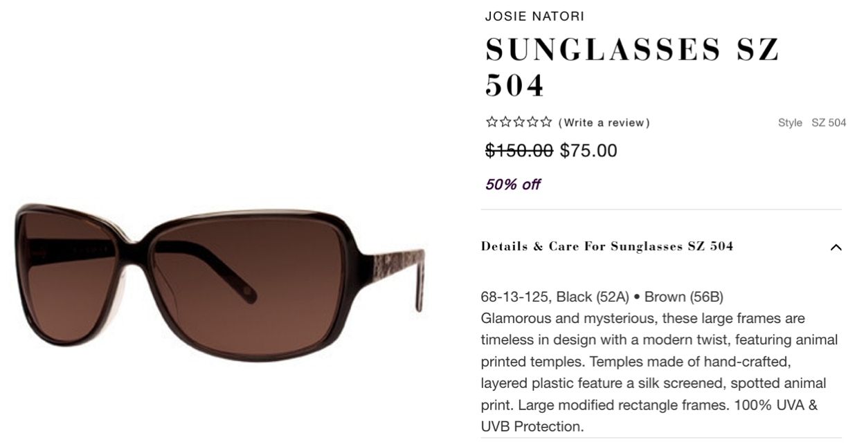 Sunglasses product photo with a description that includes attention-grabbing adjectives.