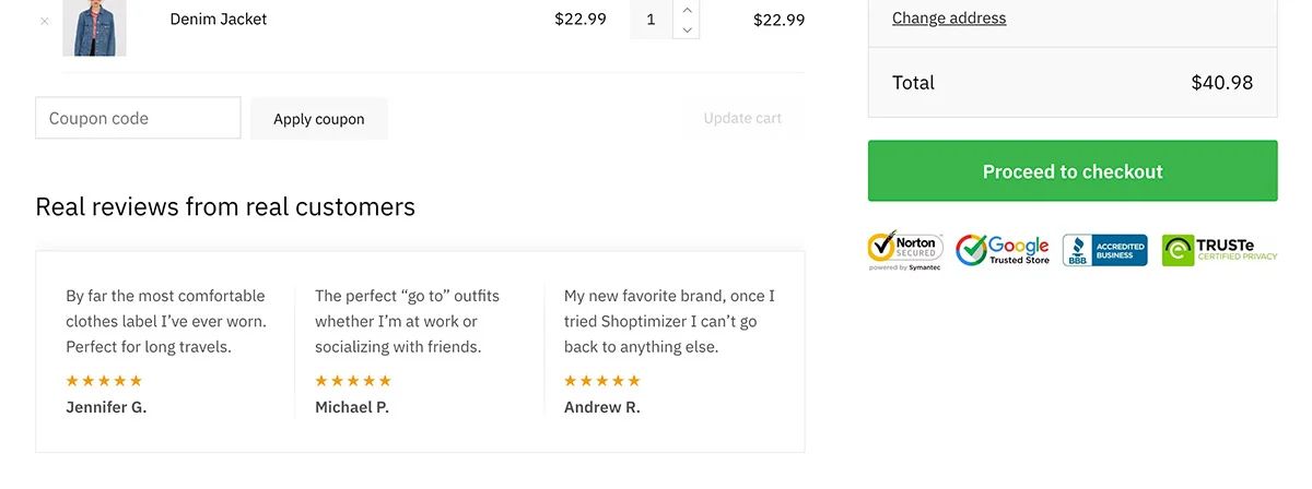 The Shoptimizer theme for WooCommerce adds real reviews from real customers on an ecommerce cart page.