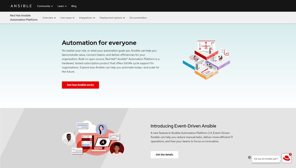 Screenshot of open source DevOps automation tool Ansible's homepage.