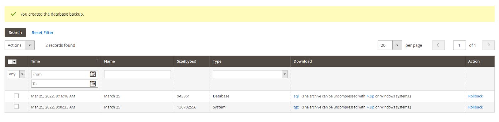 list of available backups