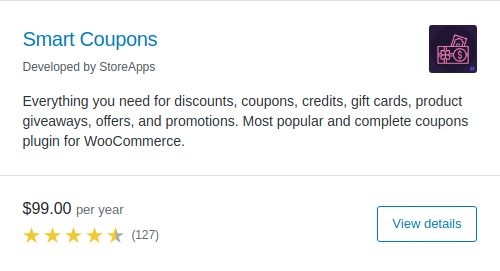 The Smart Coupon extension has a yearly price of $99 and provides a wide range of features to help you manage and customize your discounts and WooCommerce coupon codes. Some of the options include the ability to generate coupons, gift cards, or discounts for future purchases when a customer places an order, adding gifts or discounted products to a coupon, and many more. 