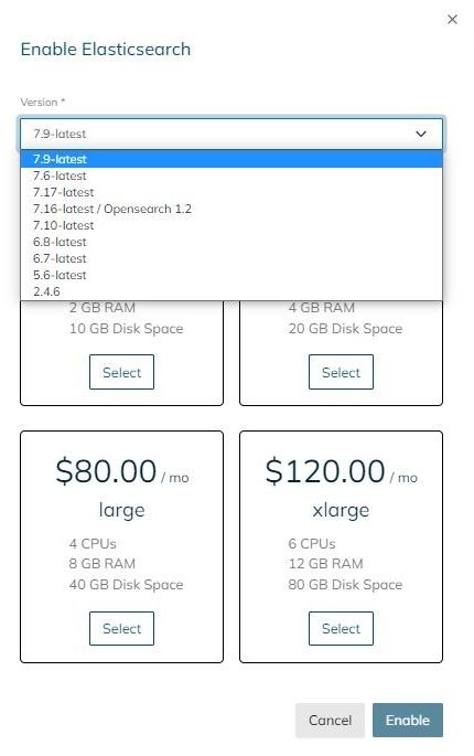 Select the version of the Elasticsearch software you want to enable.