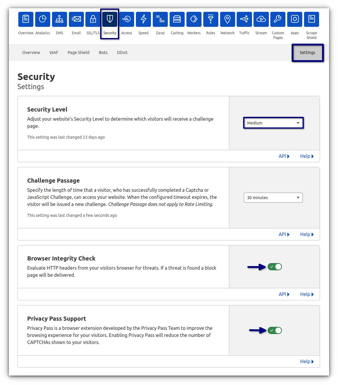 To apply the above settings, go to the Security tab > Settings.