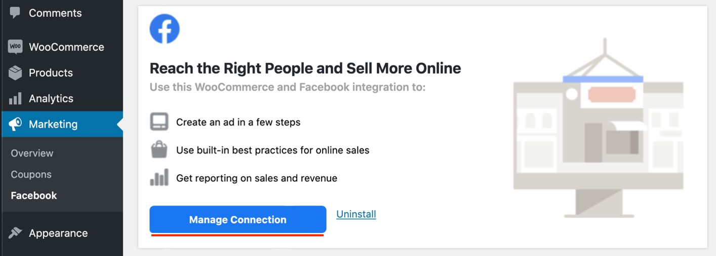 WooCommerce Marketing tab showing the option to connect to Facebook.