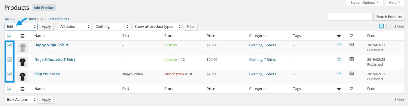 Selecting multiple products to edit from the WooCommerce product screen.
