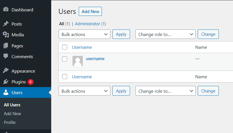 Users in the WP admin dashboard