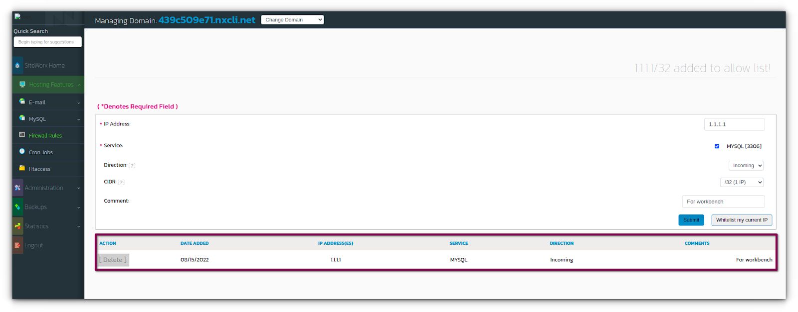 To delete a MySQL whitelist IP address, you can click the Delete button or the corresponding entry to remove any IP whitelisting entry.