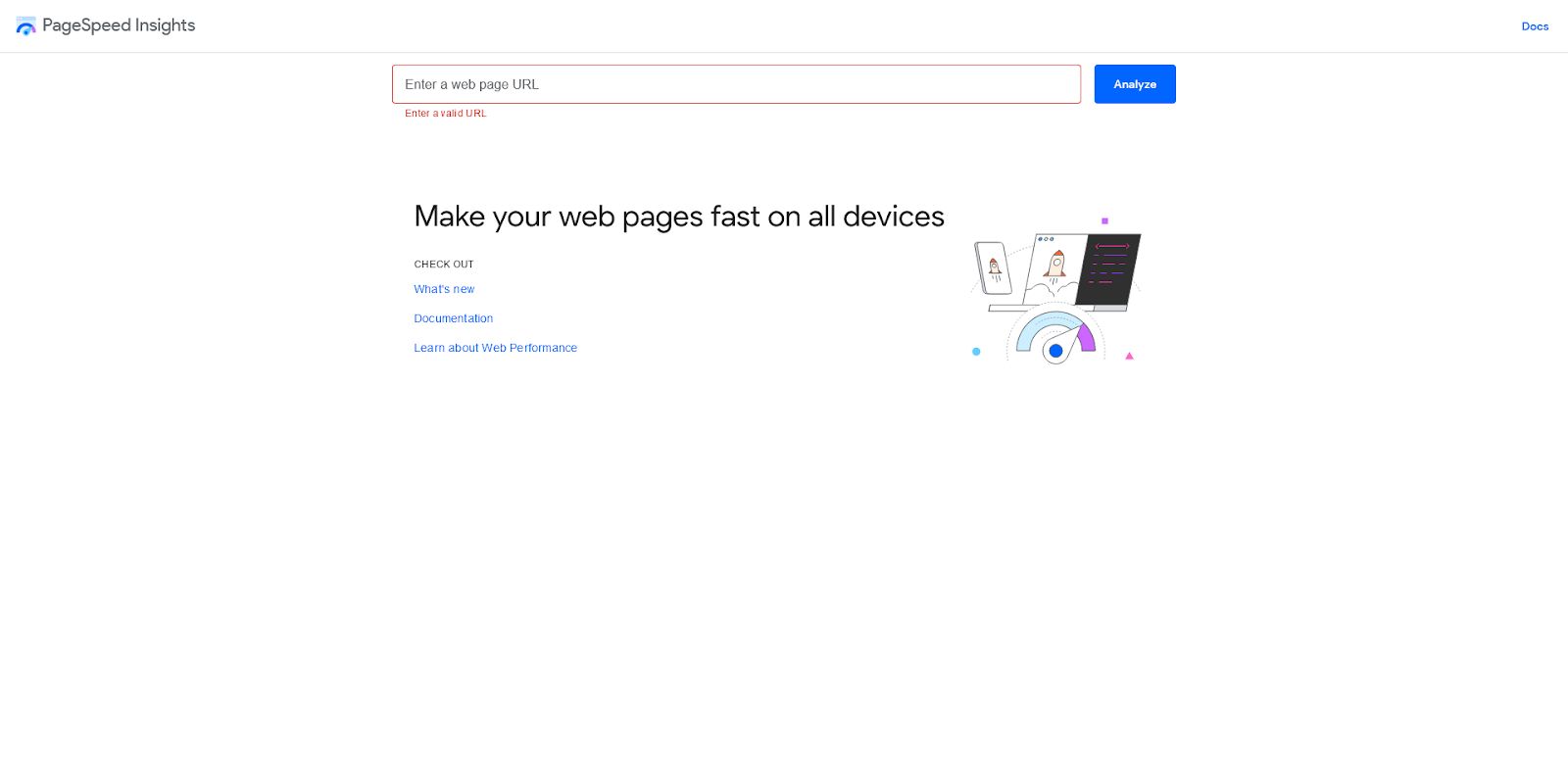 The homepage for Google PageSpeed Insights prompts you to enter a URL.