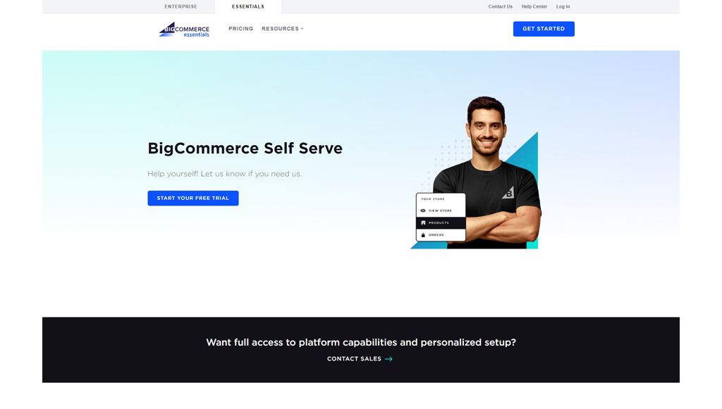 Screenshot of closed-source ecommerce platform BigCommerce's homepage.