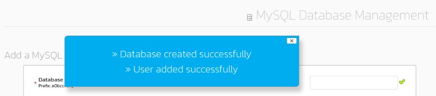 our database and database user creation processes are confirmed with the "Database created successfully" and "User added successfully" messages on the screen.