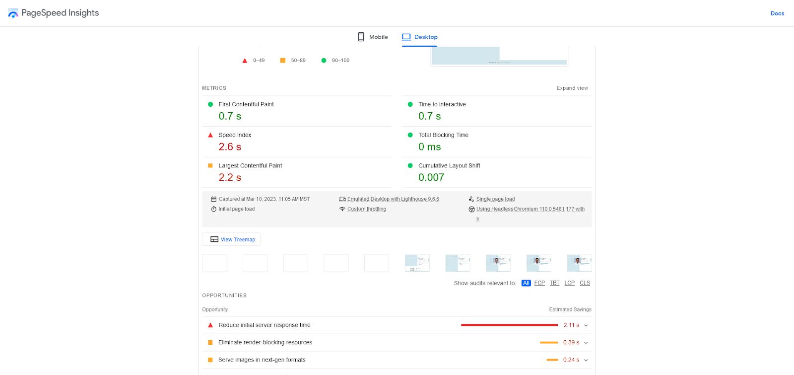 The metrics section on Google PageSpeed Insights.