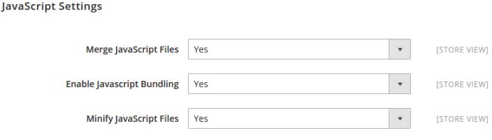 To enable Merge Javascript Files, JavaScript Bundling, and Minify JavaScript Files, you will need to choose Yes from the corresponding dropdown lists.