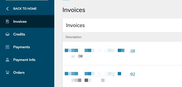 When you click on Billing it should take you directly to the Invoices page in your account, with the option of going to other locations within your account. If you need to go back for any reason, simply click on Back to Home at the top of the menu.