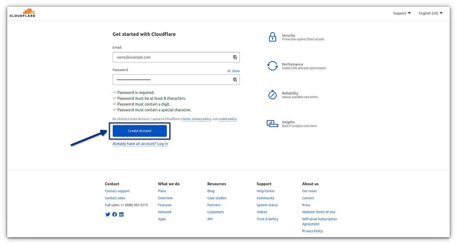 On the next page, enter your email address and password to create a Cloudflare account. Simply enter the information required, and then click on the Create Account button.