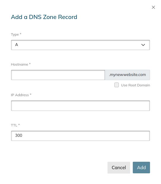 To add a new DNS record, click the Plus button next to the dropdown menu where you filter the list of existing DNS records. Next, a new screen will appear, in which you must select the type of DNS record you would like to create, its name, and its value. Once you are ready to save the new record, click the Add button.