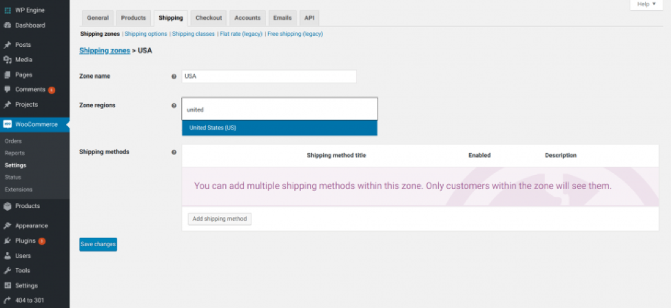 Selections for adding a shipping zone.