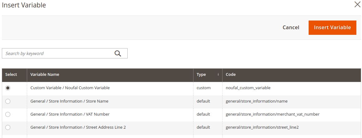 Click the Insert Variable option and select the custom variable from the list then click Insert Variable again.