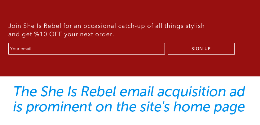 She Is Rebel email acquisition example