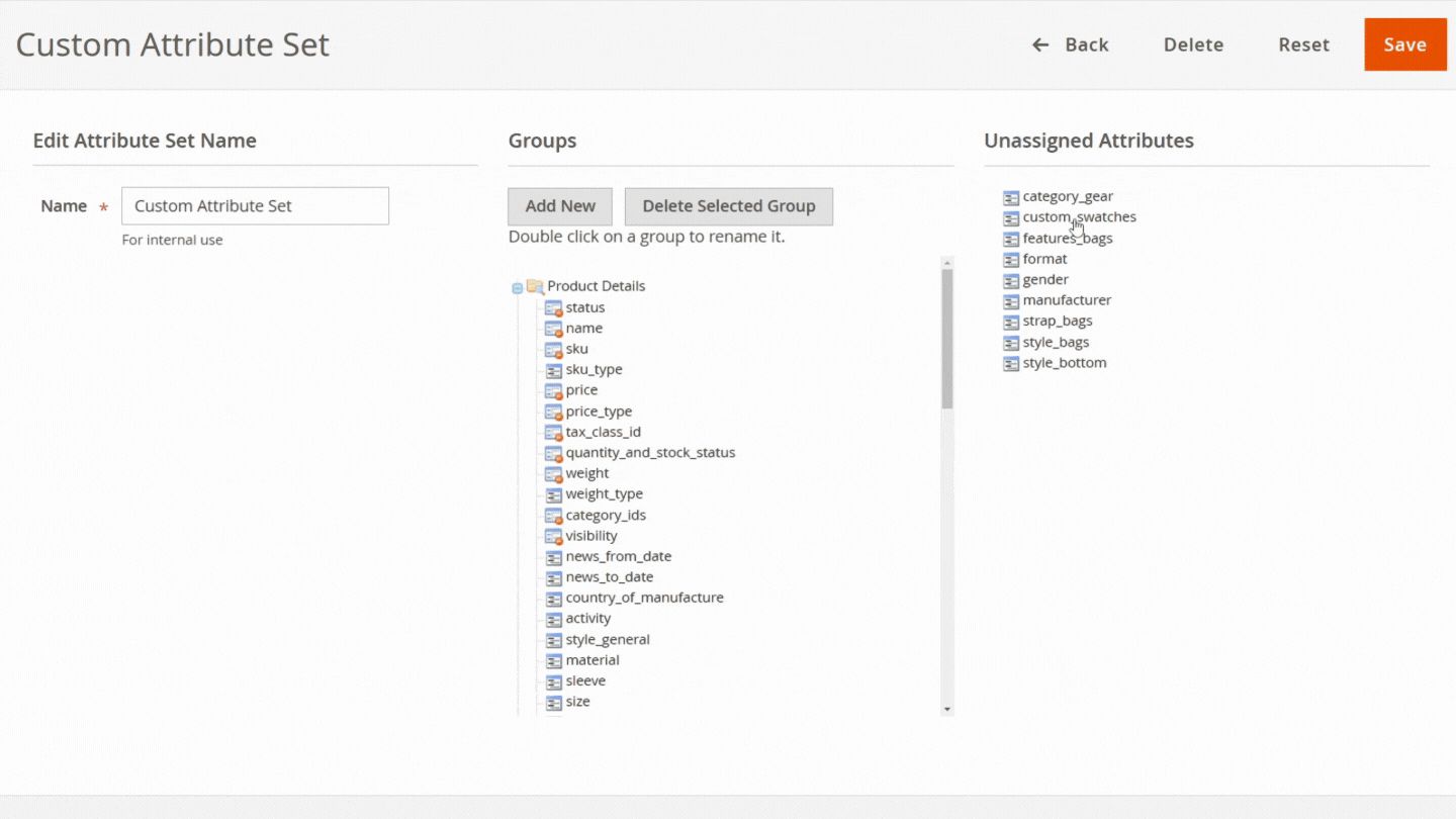 Add unassigned Magento product attributes to attribute groups.