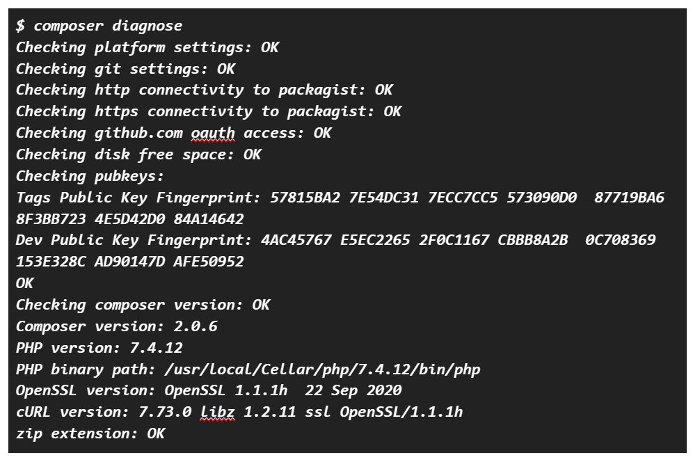 For a quick sanity check, run the composer diagnose terminal command. Use it to rule out more fundamental system-level issues.