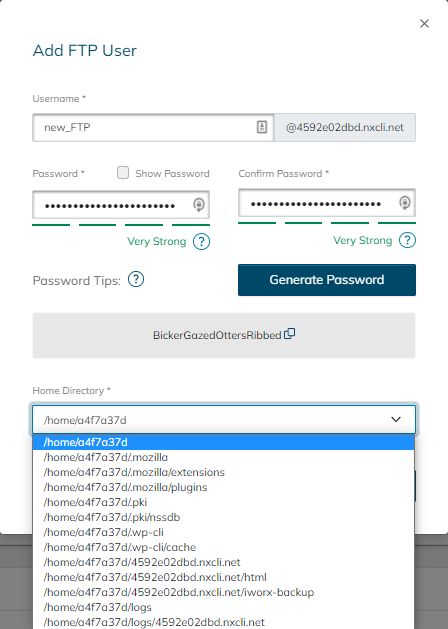 Set the new user, home directory, and password from the Add FTP User window. The password generator will allow you to create a secure passphrase for the FTPS user by combining some words that are easier to remember than various symbols.