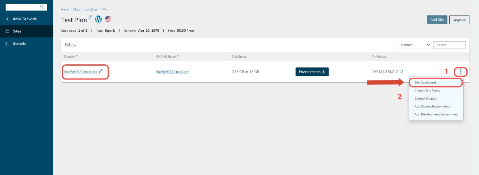 Choose the website from the list under the WordPress or WooCommerce cloud plan you opened and click on the domain name to access the Site Dashboard. Alternatively, open an additional menu by clicking on the three dots to the right of your website’s IP address. Choose Site Dashboard from the drop-down menu and open your website’s management interface.