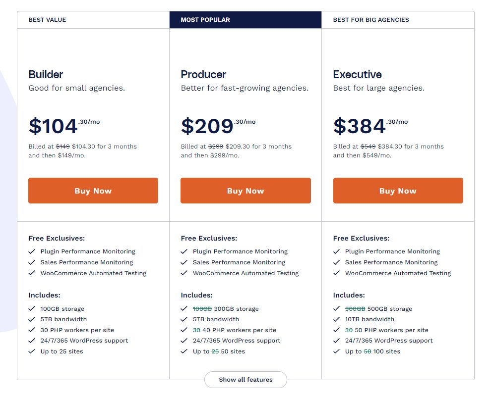 Nexcess agency web hosting plans compared side by side.