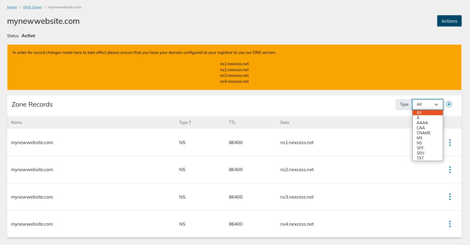 When there are many DNS records added to your website, you can filter the list by choosing the DNS record type from the dropdown menu on the top right corner of the Zone Records section.