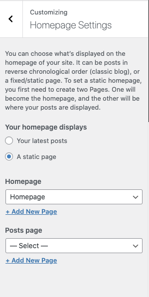 The WordPress homepage settings