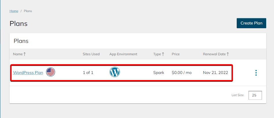 A red rectangle around the WordPress plan.