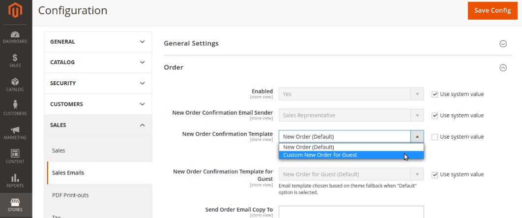 Click the New Order Confirmation Template dropdown and choose your email template from the list.