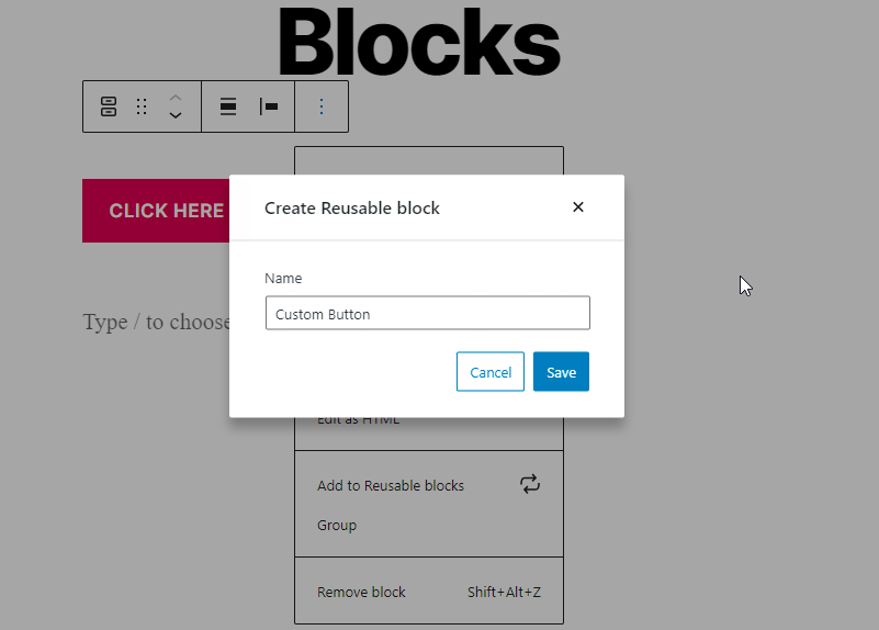 Click "add reusable block" to add a WordPress reusable block to your site
