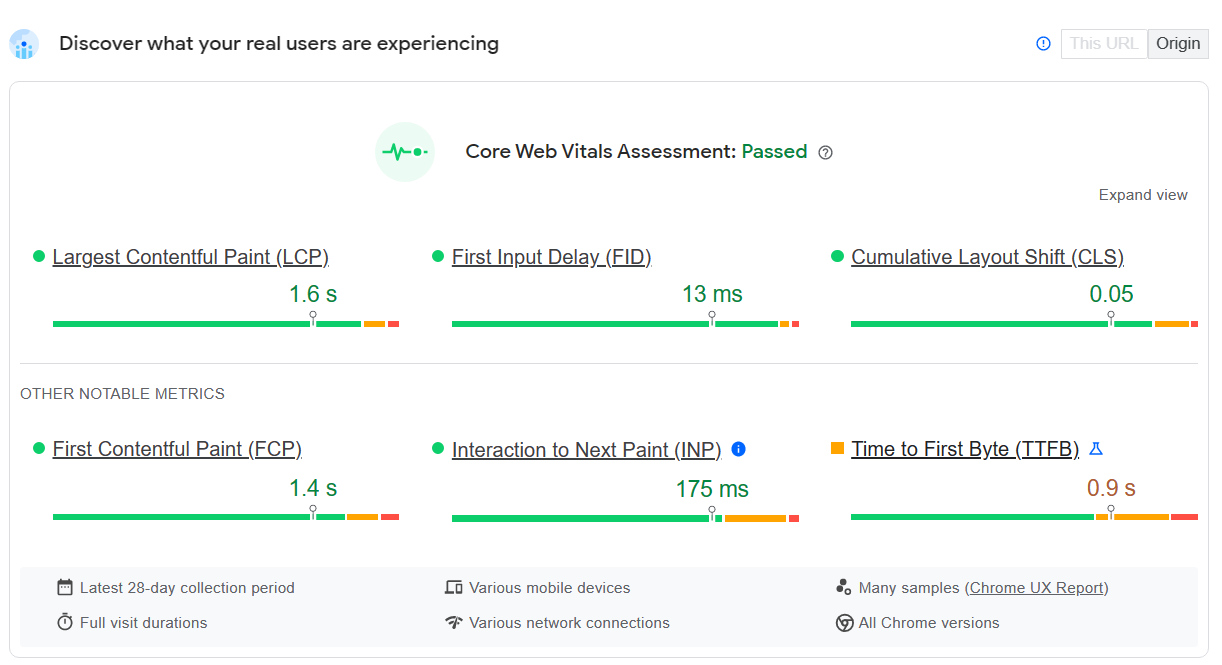 PageSpeed Insights results of a website.