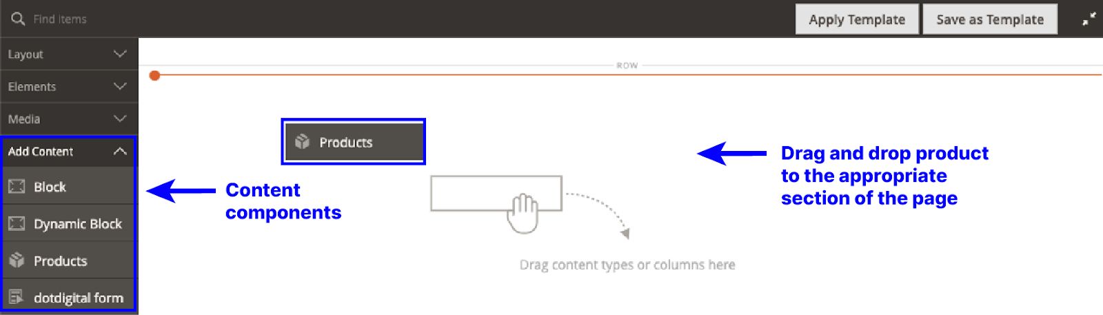 Drag and drop products component to Page Builder staging area
