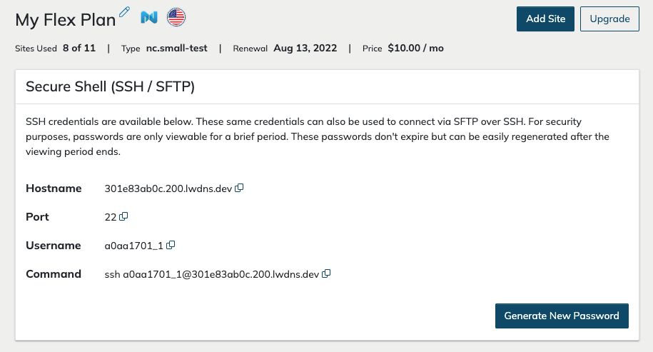 First, from your site’s client portal, go the Access page where you are supplied with a secure username and password to gain access to your site’s secure operating system shell via Terminal.