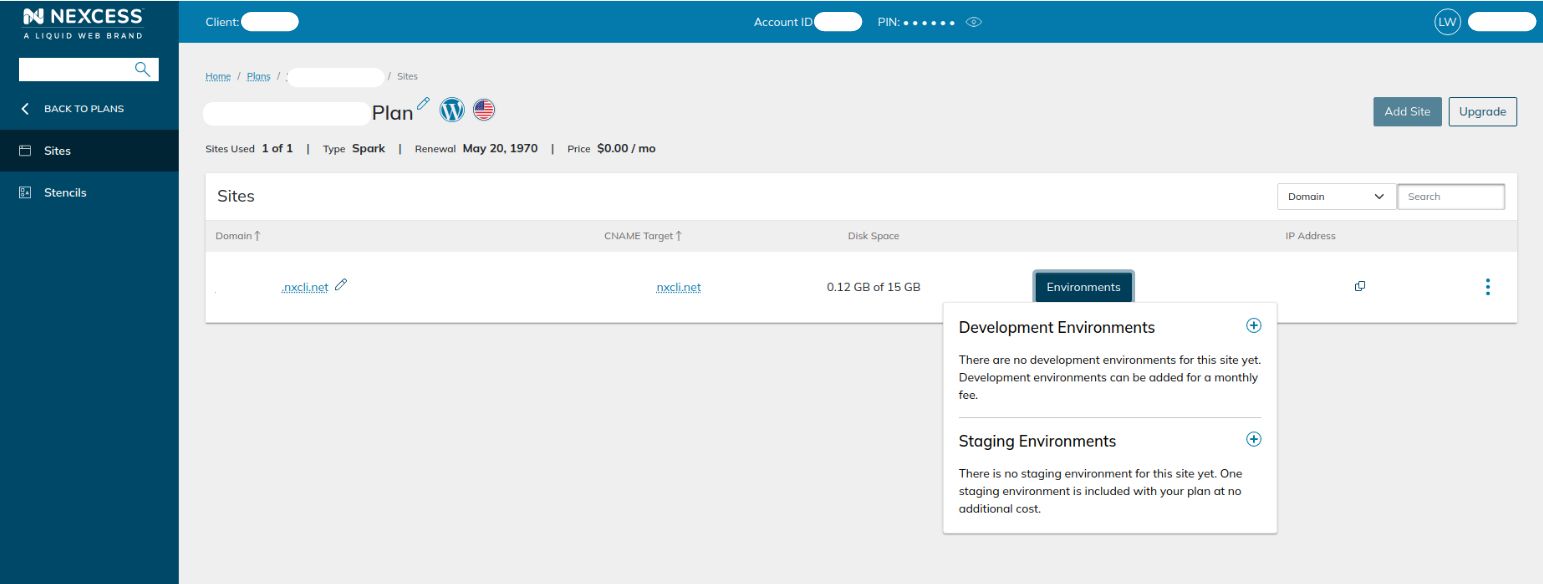 Log in to your Nexcess Client Portal and open the corresponding managed hosting plan. You can view the development and staging environments you created. Or you can add a new cloud dev site by clicking on Environments or navigating to the site dashboard to access the Staging & Dev interface.