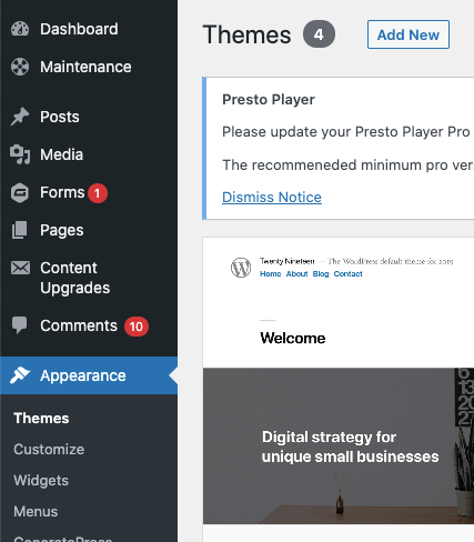 The WordPress dashboard with the Appearance tab highlighted