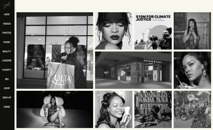 Rihanna has a beautiful black and white theme on her celebrity website