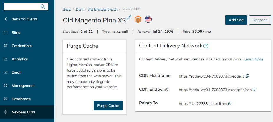 The Nexcess CDN section is a place where you can find the CDN Endpoint and which domain it’s pointed to. Also, you’ll be able to purge the cache here.