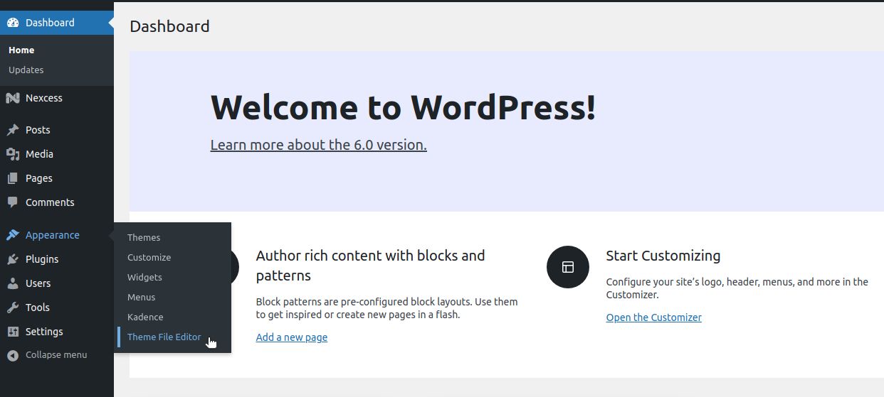 Open your WordPress dashboard and choose Theme File Editor from the Appearance menu. If you don’t see it there, temporarily deactivate the iThemes Security Pro plugin. This plugin doesn’t allow you to access the Theme File Editor interface by default. 