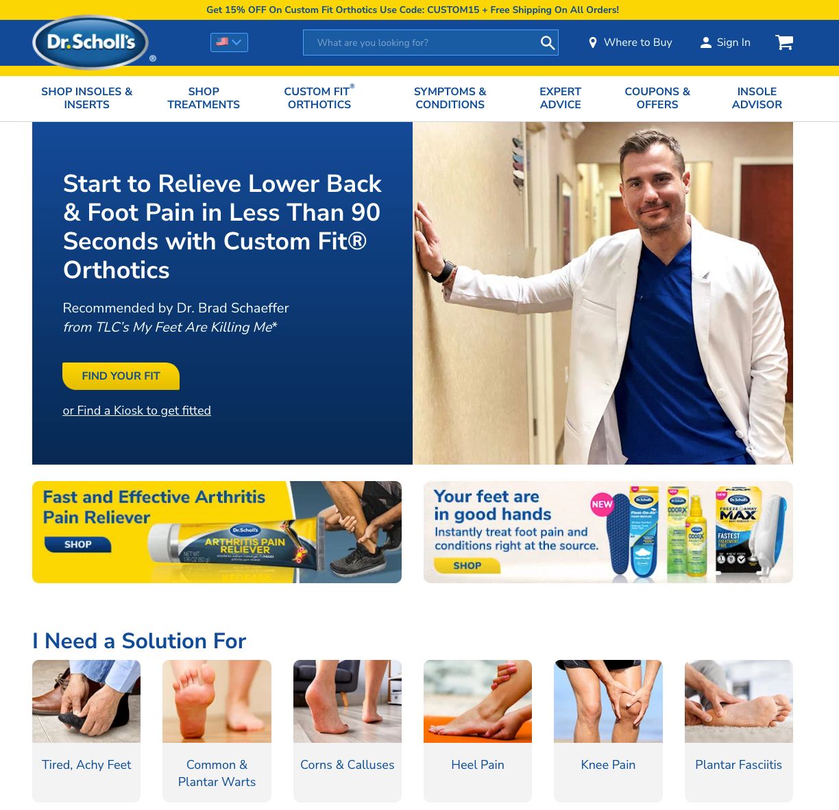 One WordPress ecommerce website example is Dr. Scholls, as seen in this screenshot of their online store