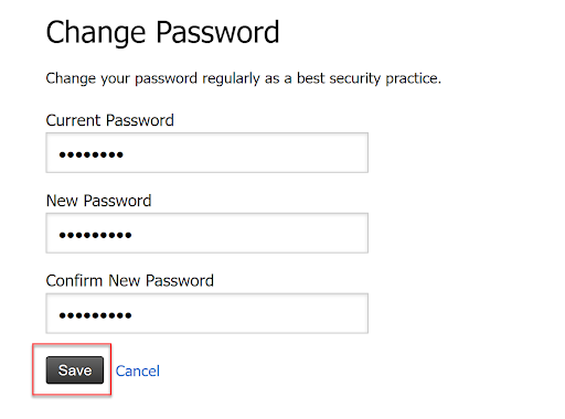 Enter the current password retrieved from your Secure Note, as well as the new password you would like to set it to, then click Save.
